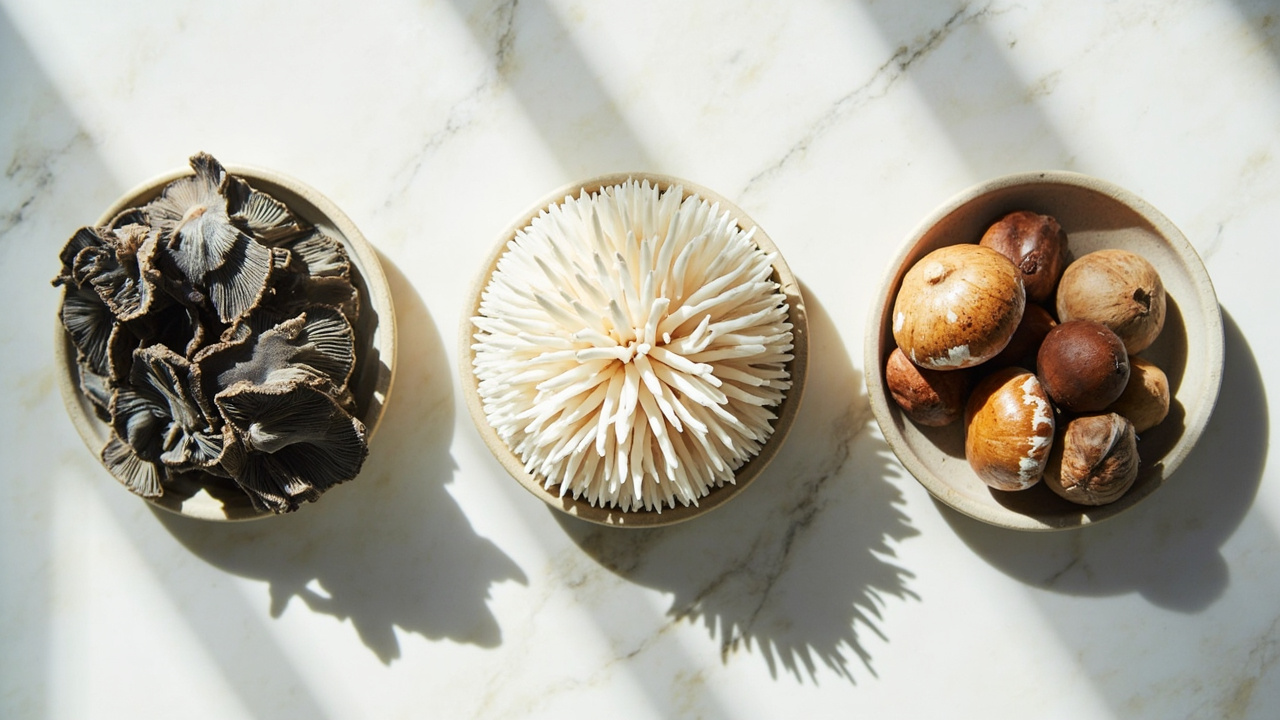 Three bowls of gourmet mushrooms, shiitake, lion's mane, and oyster, on a marble counter
