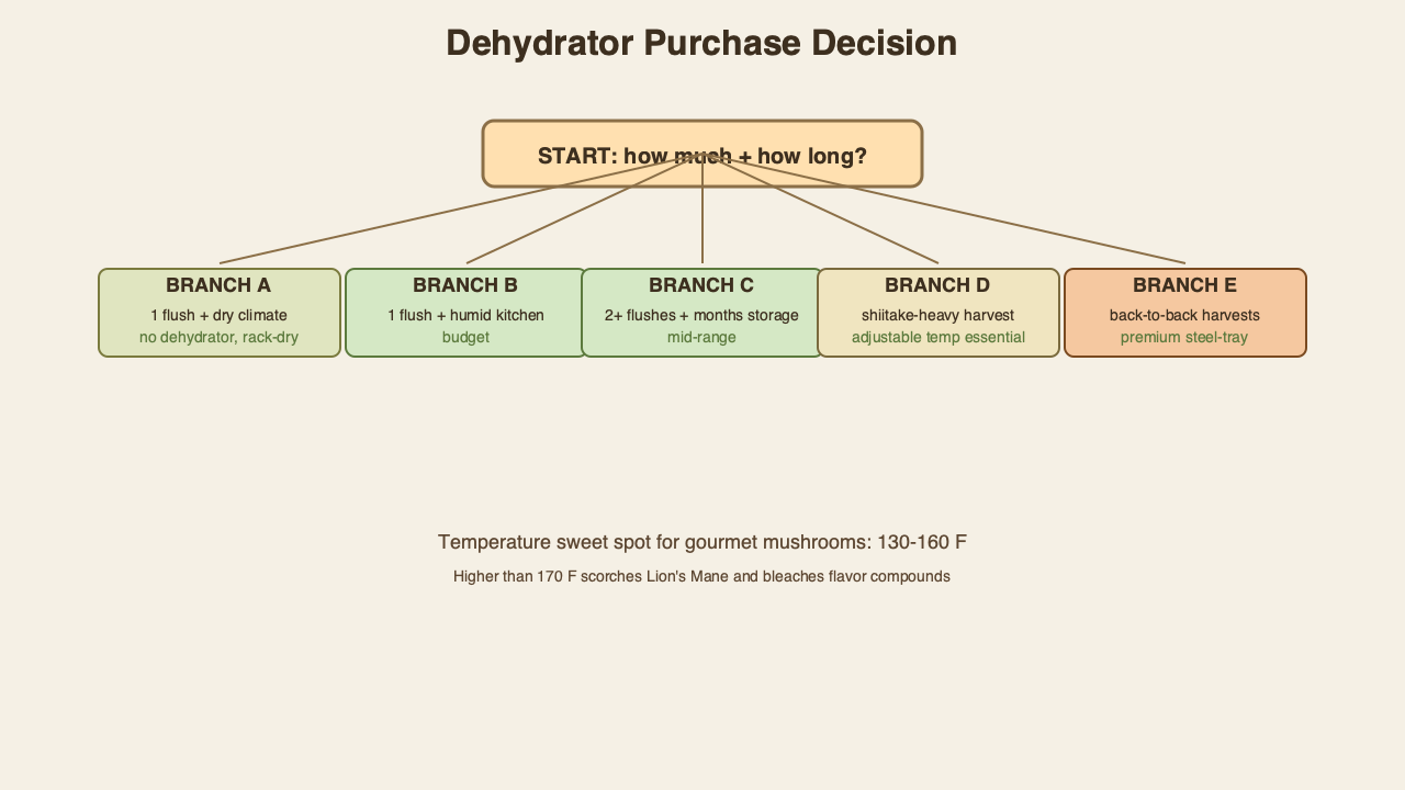 Decision-tree graphic for dehydrator purchase, branches A through E.