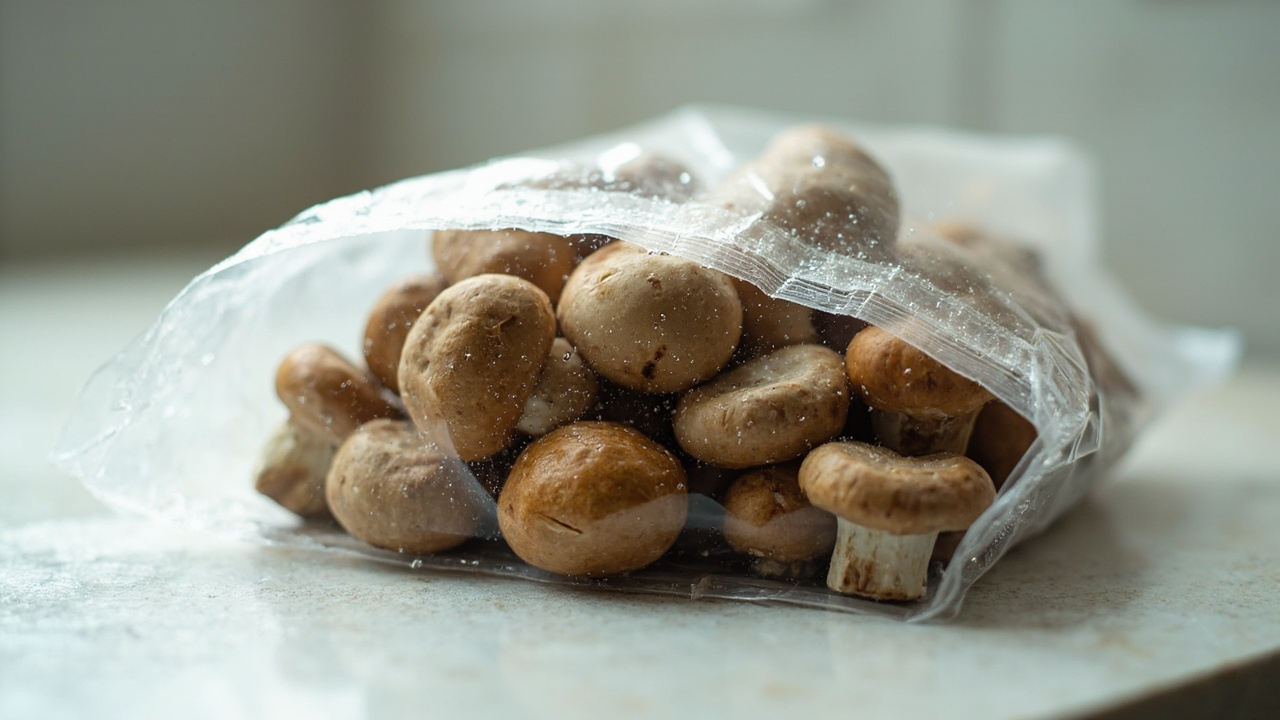 Common fresh mushroom storage mistakes: sealed plastic bag trapping condensation and wet harvest sealed before cooling