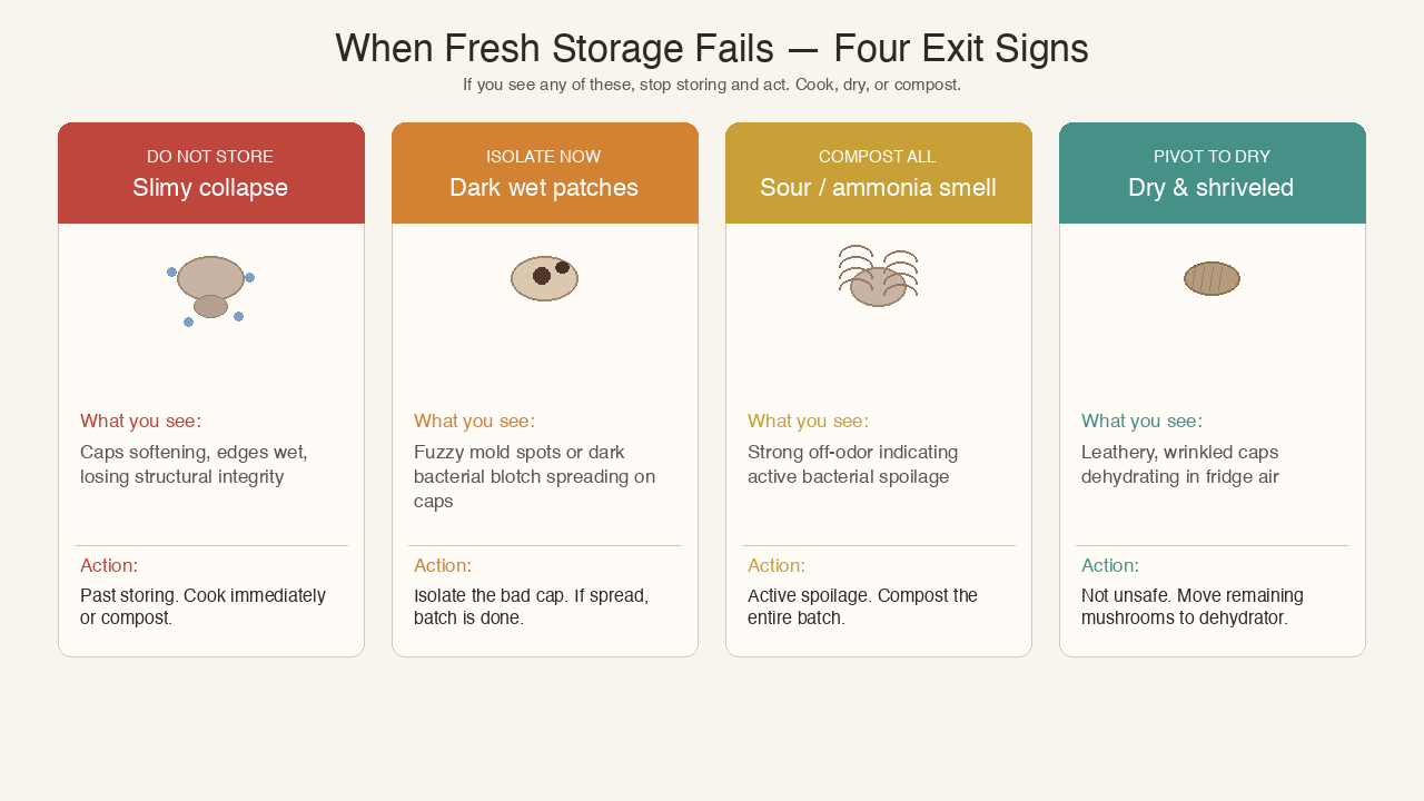 Four exit signs: slime, dark mold patches, sour smell, leathery shrivel