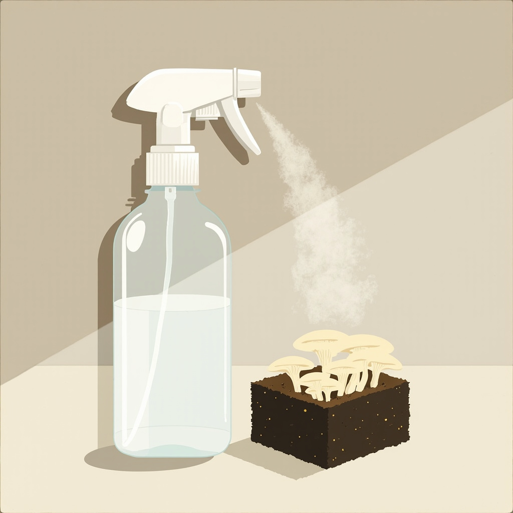 A fine-mist spray bottle misting small oyster pins forming on a kitchen-block surface.