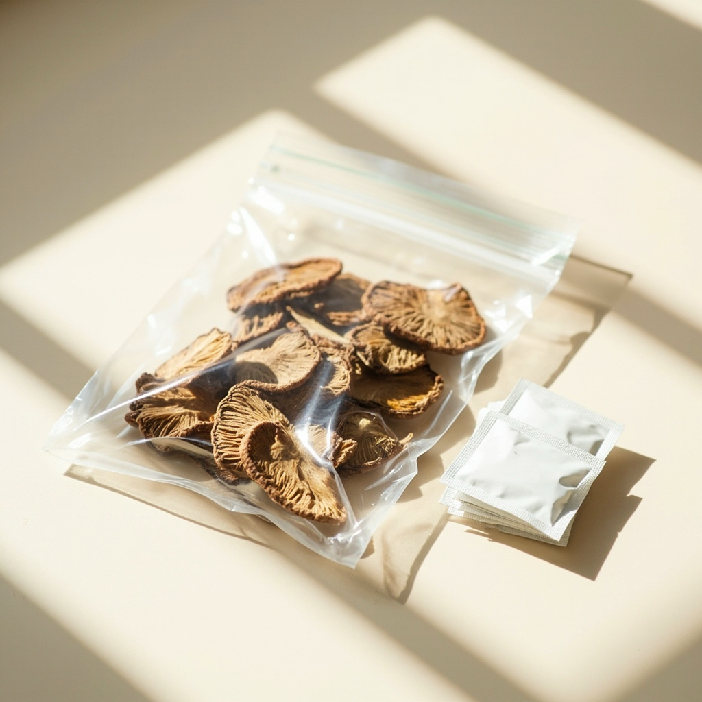 Oxygen absorber packets being placed into a vacuum bag of dried shiitake on a kitchen counter.