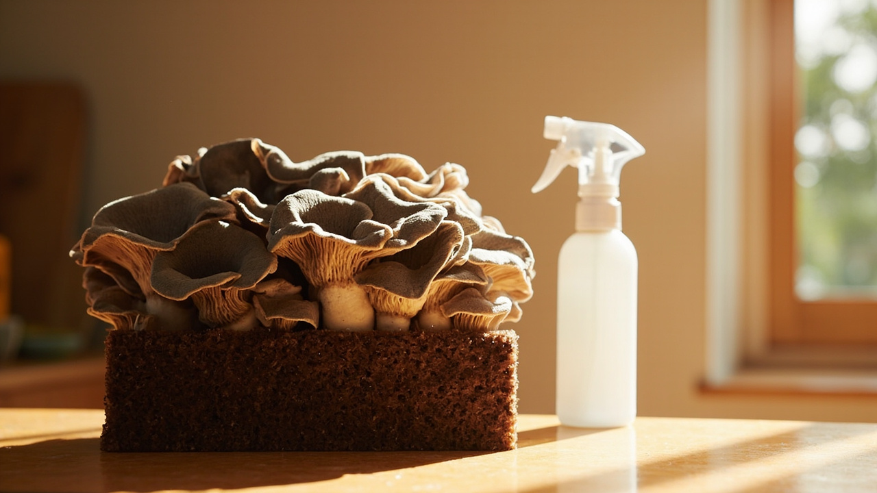 Kitchen fruiting setup for a gourmet mushroom kit