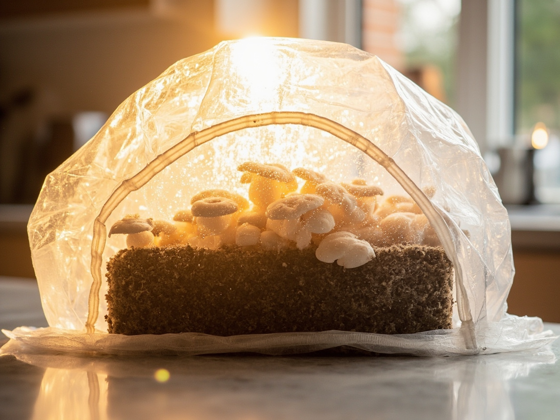 Clear humidity tent loosely draped over mushroom kit on kitchen counter, with airflow gaps