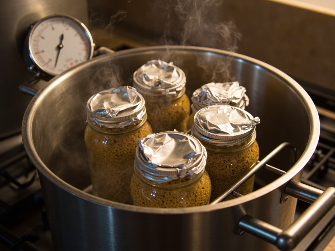 Pressure canner on stovetop with half-pint mason jars of grain loaded on rack, dial gauge showing 15 PSI