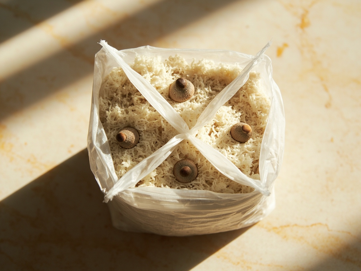 X cut on a mushroom grow kit block face exposing white mycelium