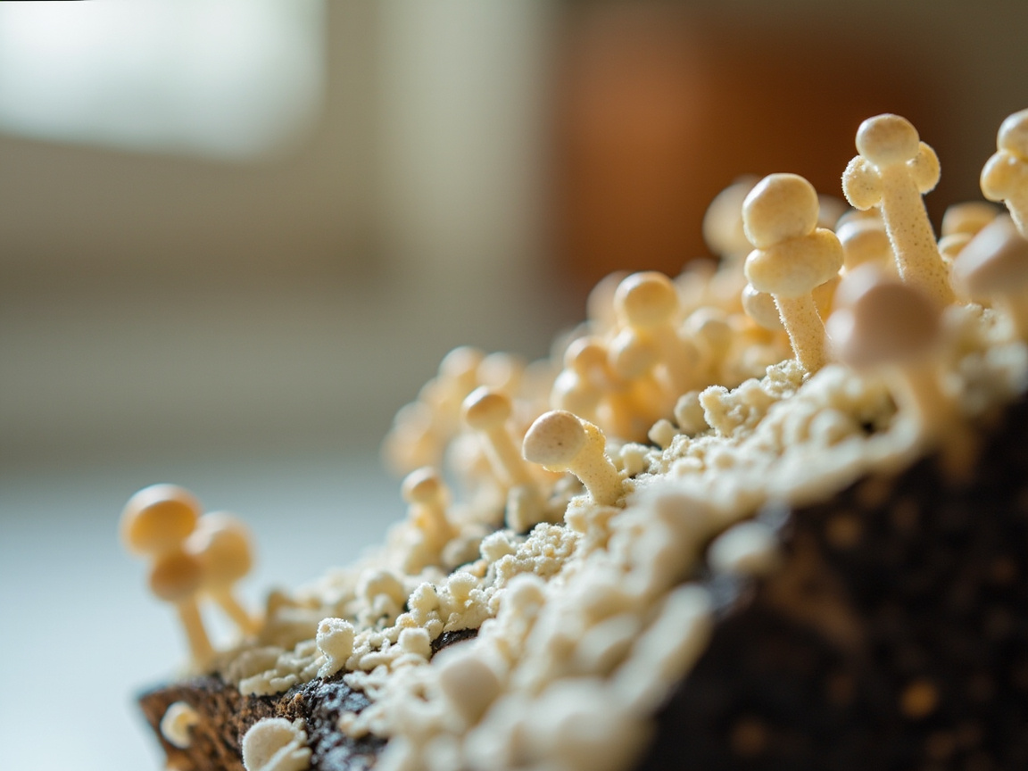 Small mushroom pins forming on a grow kit cut face