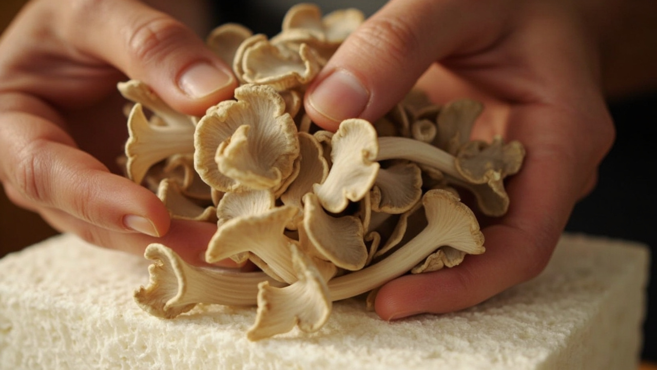 Hands twisting a cluster of oyster mushrooms off a grow kit block