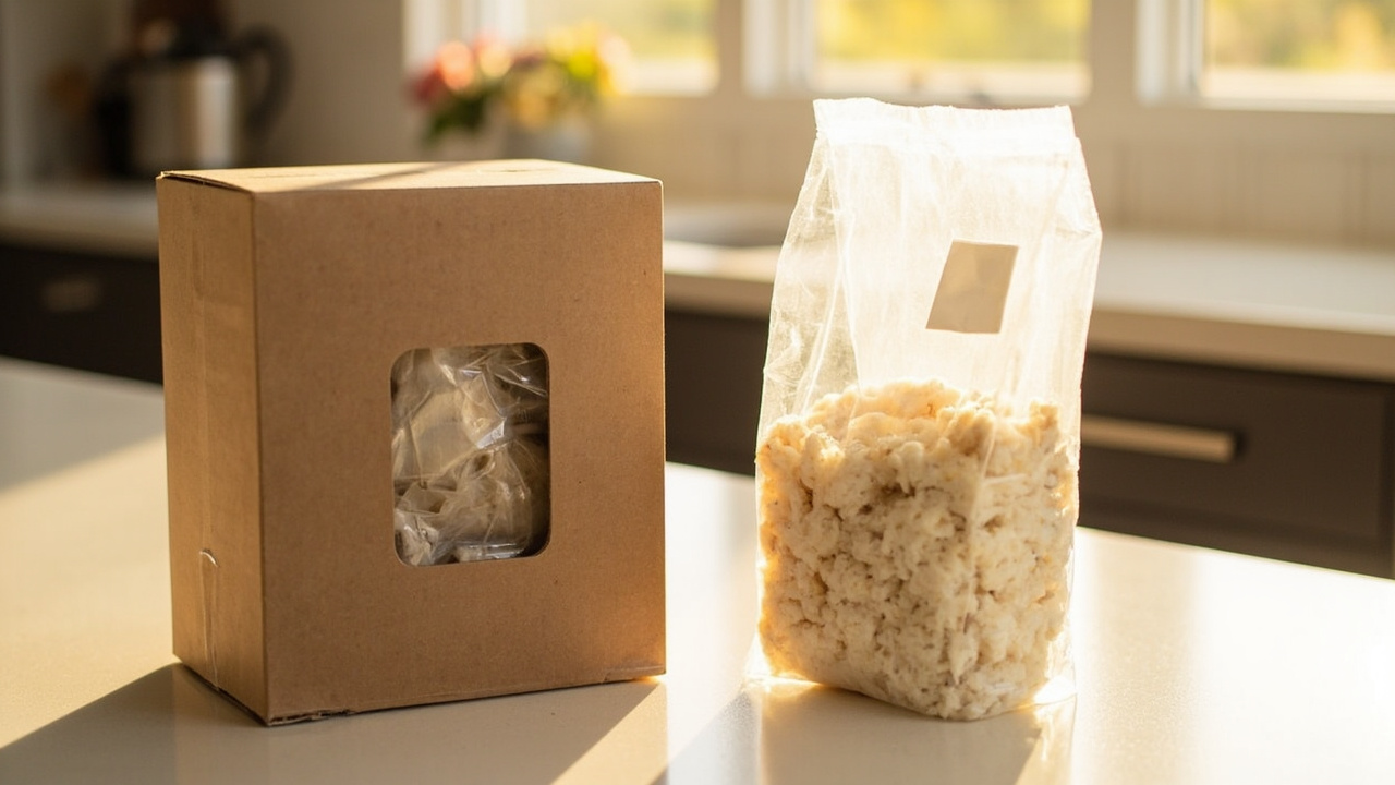 Boxed spray-and-grow kit beside a plain ready-to-fruit mushroom bag