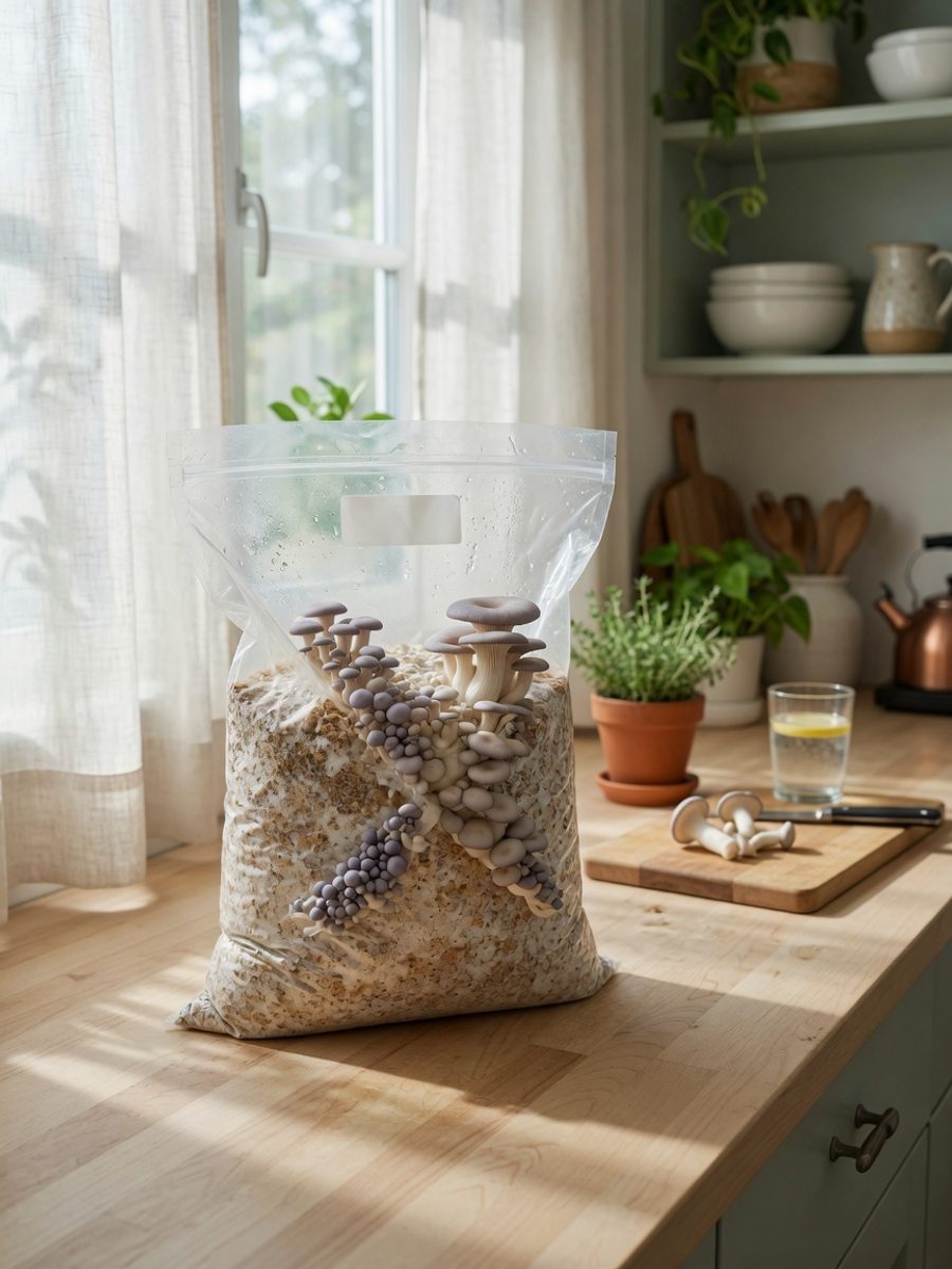 Ready-to-fruit oyster grow kit on a kitchen counter by a window
