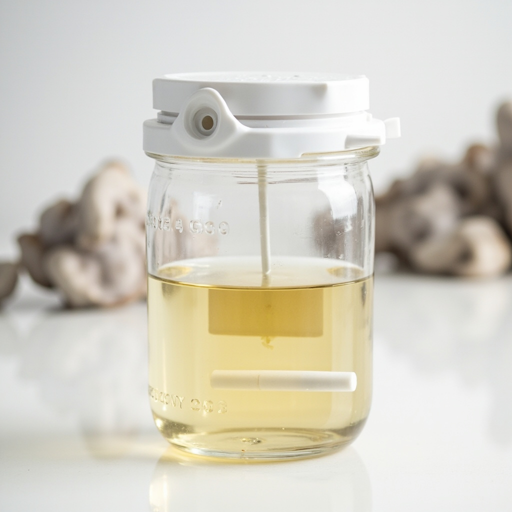 Liquid culture jar anatomy: mason jar body, amber nutrient solution, stir bar, lid with injection port and filter