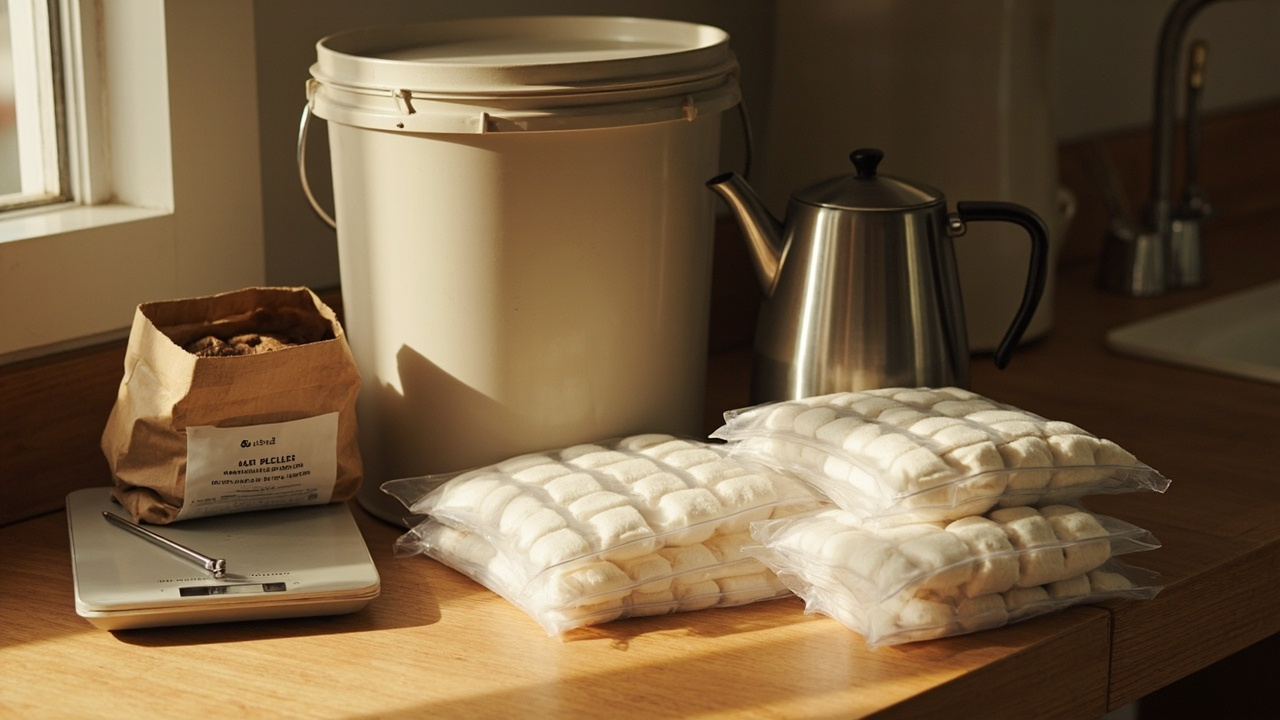 Pellet prep tools: oak pellets, 5-gallon bucket, kettle, filter-patch bags, kitchen scale, thermometer on counter