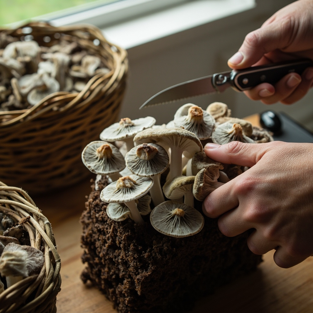 A second flush of oyster mushrooms being harvested from a kit block with a folding knife, the cluster sitting in a basket