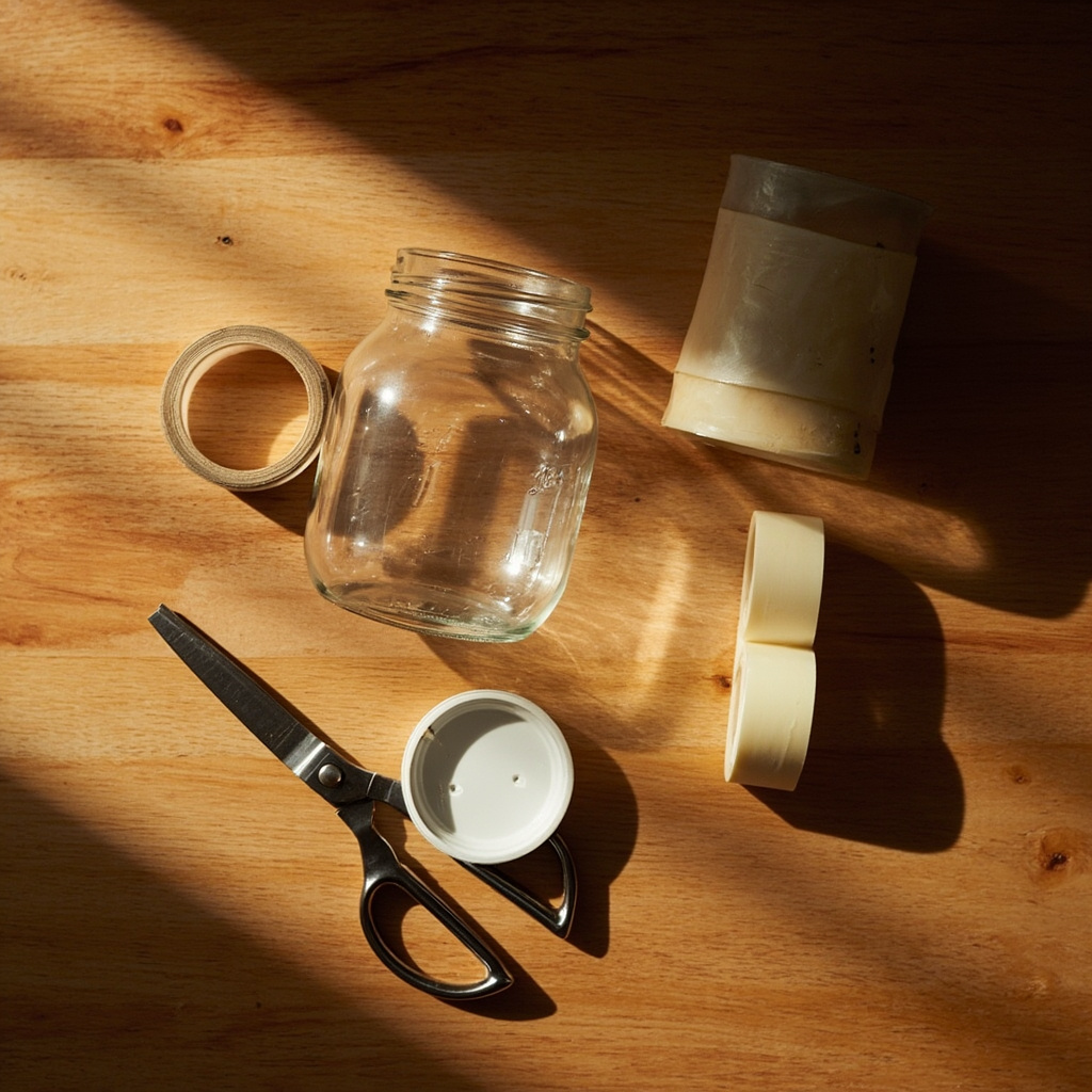 Top-down flat lay of a clean mason jar with its lid ring and sealing disc, rolls of tape, and scissors on a wooden counter