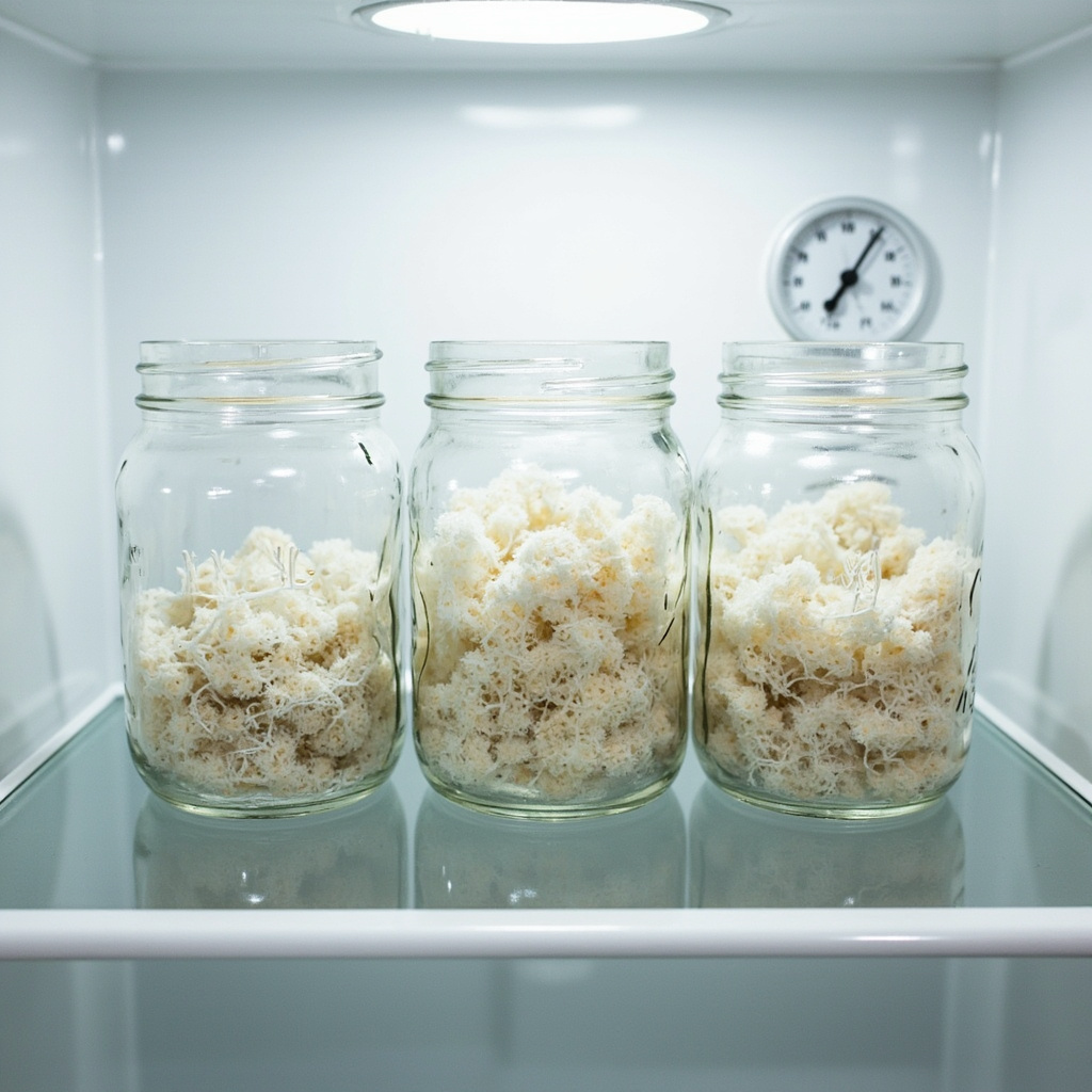 Three mason jars of grain spawn in a row on a glass refrigerator shelf with a round analog dial on the back wall