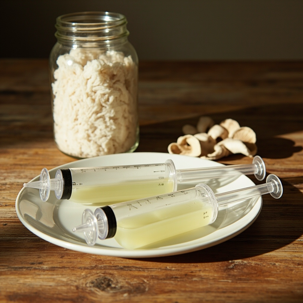 Three capped syringes filled with pale amber mushroom liquid culture on a white saucer on a marble counter