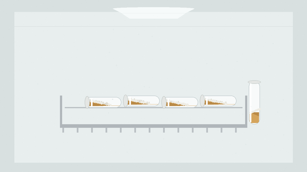 Five glass test tubes of amber agar with white mycelium patches, sealed mouths, resting in a rack inside a refrigerator