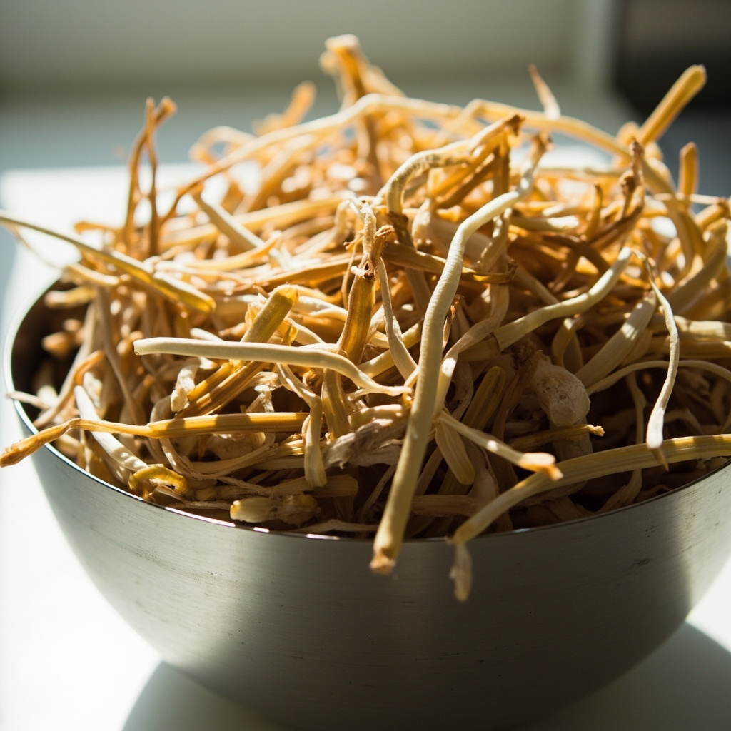 Chopped wheat straw in 1-3 inch pieces in a clean bowl on a kitchen counter
