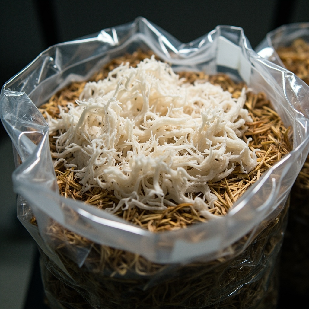 A sealed filter-patch bag with white mycelium colonizing the straw on a shelf in a dark closet