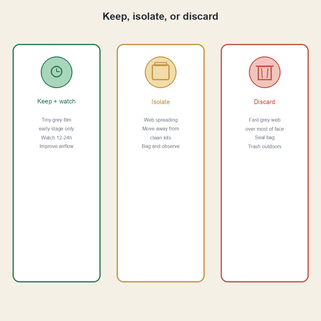 Keep isolate or discard decision icons for cobweb mold