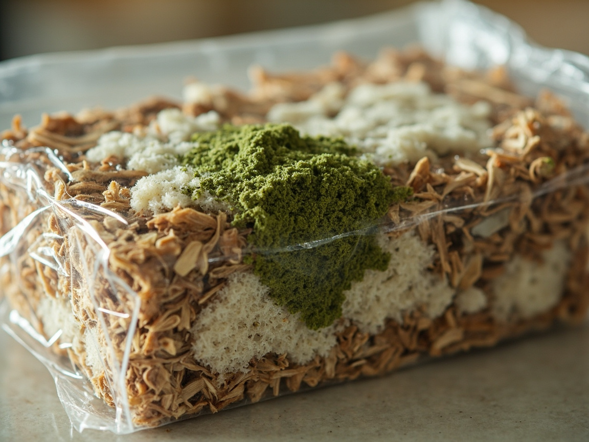 Close-up of gourmet mushroom kit block with a green patch showing powdery texture and white leading edge