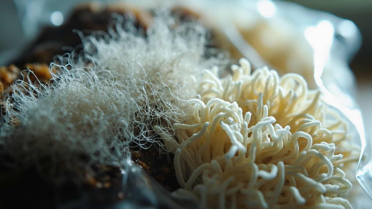 Gourmet mushroom kit showing wispy gray-white cobweb mold strands crossing open air above the substrate