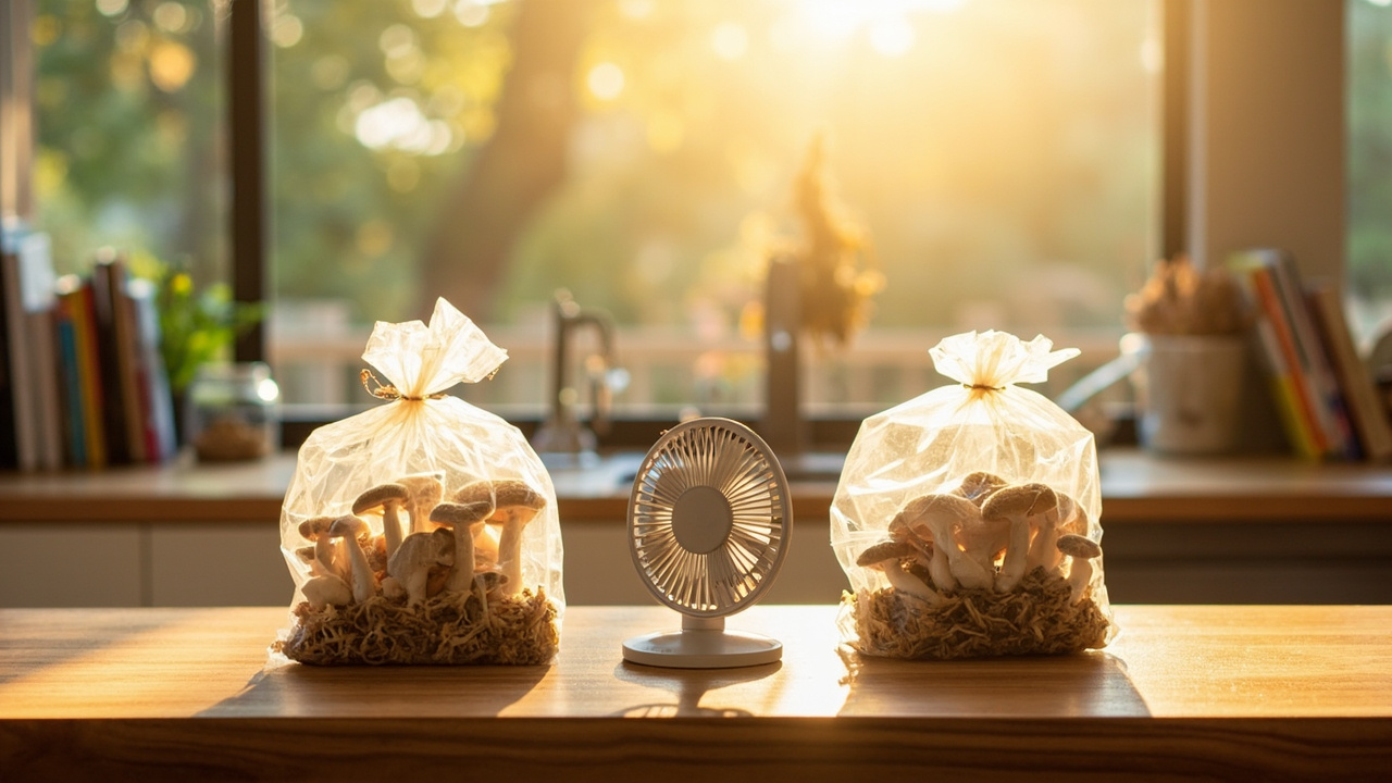 Two gourmet kits spaced three feet apart on a shelf with a small fan for airflow between them