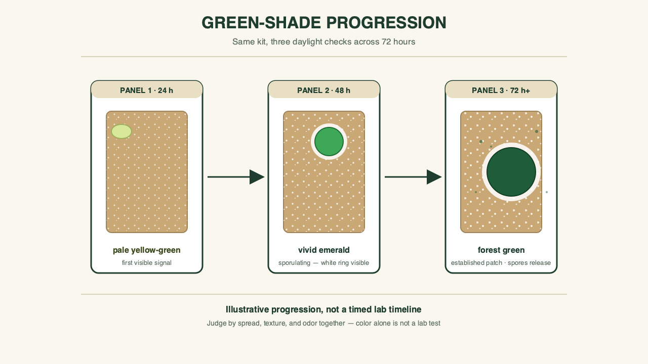 Three gourmet kit blocks compared: flat bruising, raised powdery green Trichoderma, and wispy gray cobweb mold