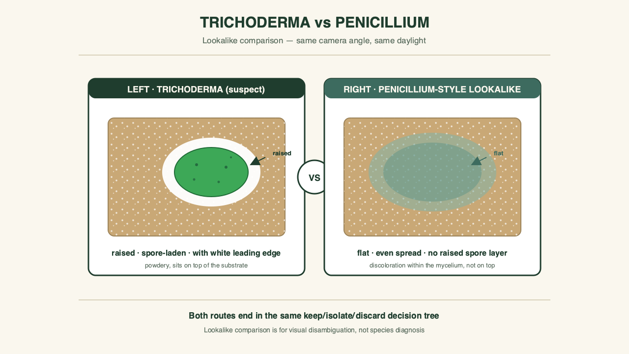 Two gourmet blocks compared: green Penicillium as a secondary invader versus primary Trichoderma with white leading edge