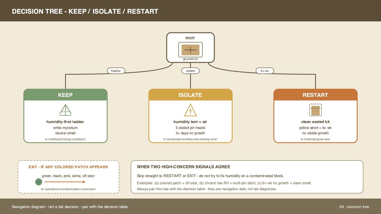 Decision tree for pinning problems routing no-pin, stalled, yellow-tip, and contamination cases
