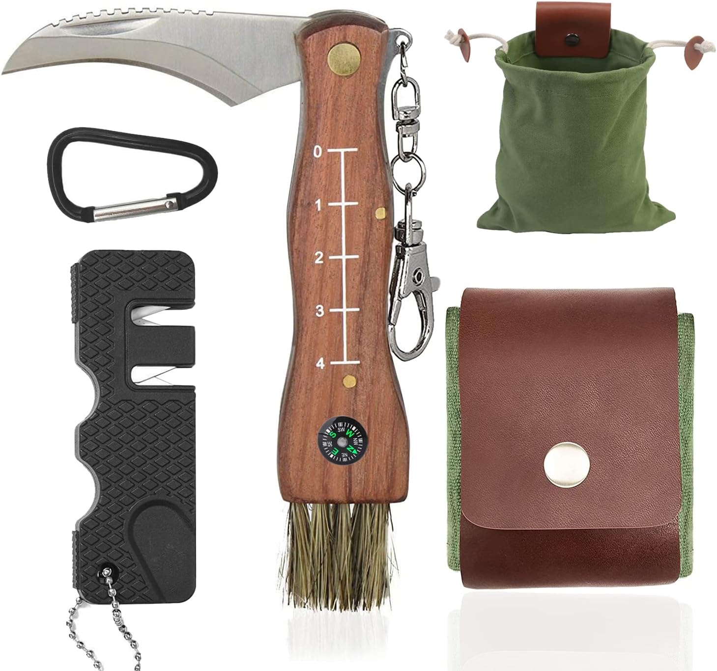 Mushroom Knife with Brush and Foraging Bag Kit, Folding Gardening Knives for Pruning, Foraging Knife with Belt Pouch & Sharpener, Harvest knifes for Outdoor Camping Hunting
