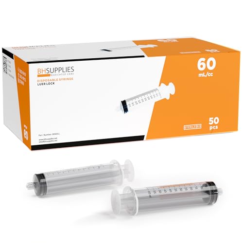 BH Supplies 60ml Luer Lock Tip Syringes (No Needle) — Sterile, 50 Pack