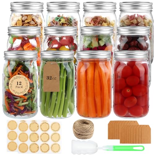 HWASHIN Wide Mouth Mason Jars 32 oz, 12 Pack