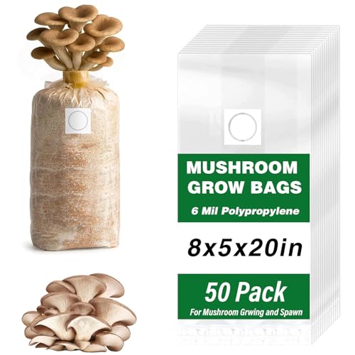 Zenrok Mushroom Grow Bags, 50 Pack 6 Mil Polypropylene Mushroom Substrate Bags, 8x5x20 with Breathable 0.2 Micron Filter Patch