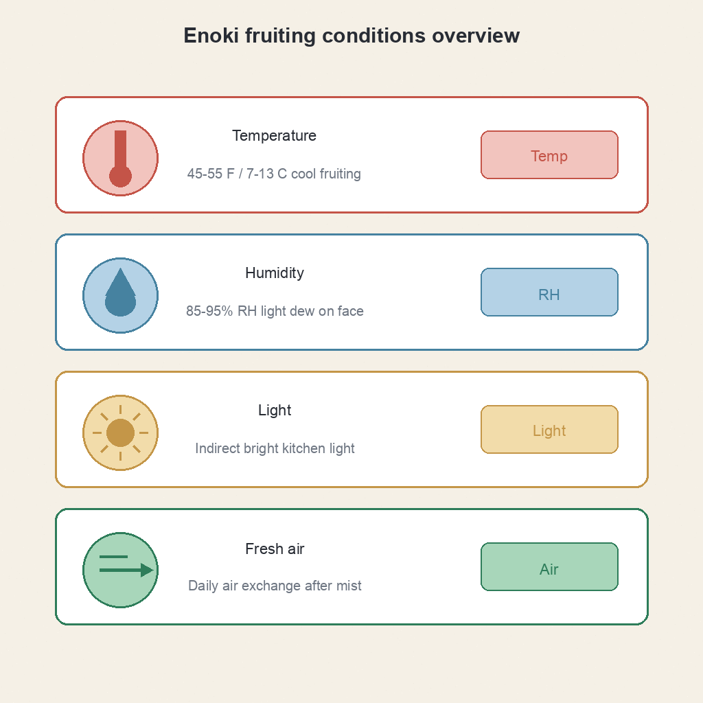 Enoki fruiting conditions overview graphic