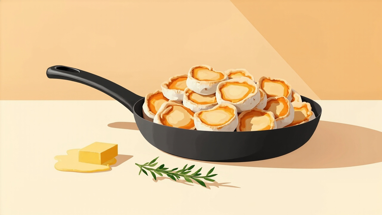 King oyster stem slices searing in a cast iron skillet with butter, browning on edges like scallops