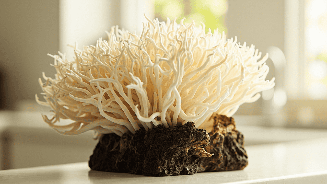 White lion's mane mushroom with cascading spines