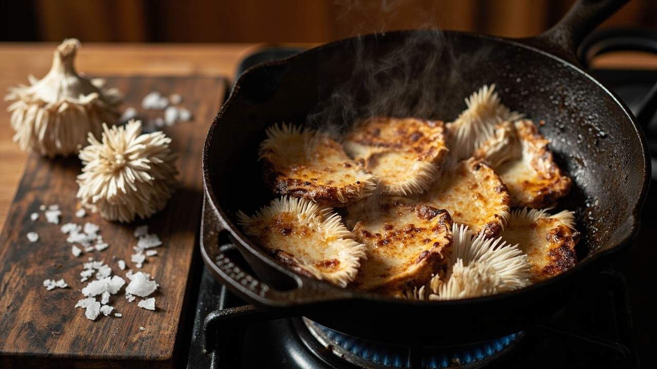 Thick lion's mane slices searing golden in a skillet — the culinary payoff of growing your own