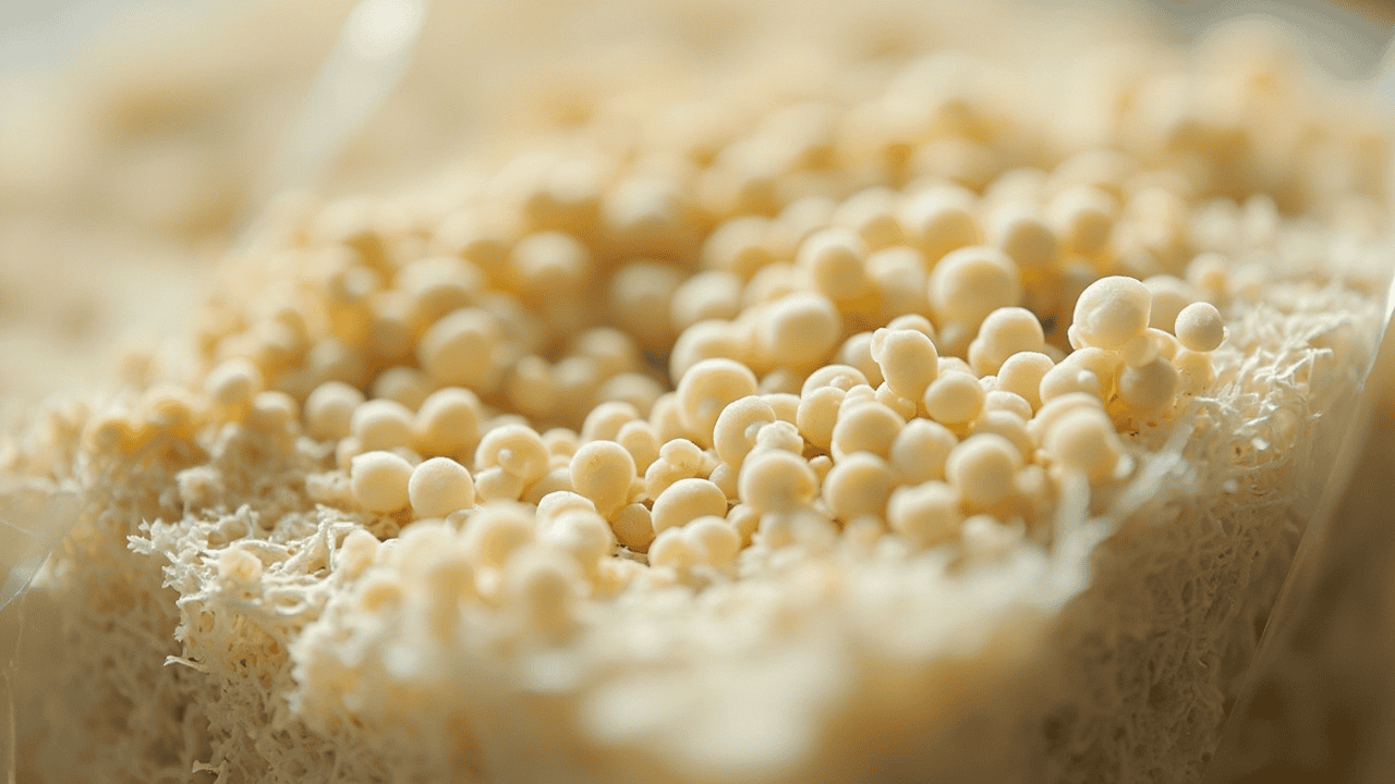 Small rounded lion's mane pins forming at the opening of a grow bag