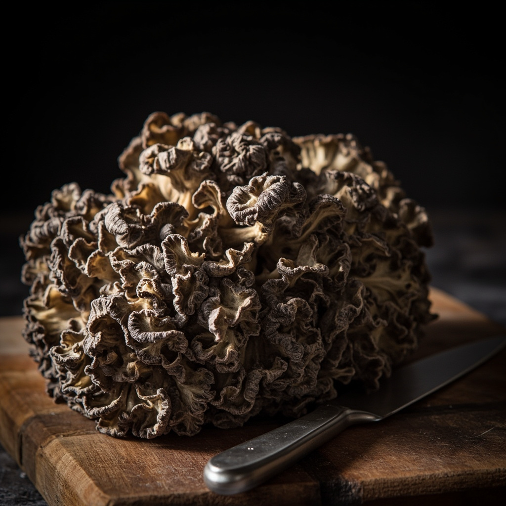 A whole maitake cluster cut from the block on a wooden cutting board next to a paring knife