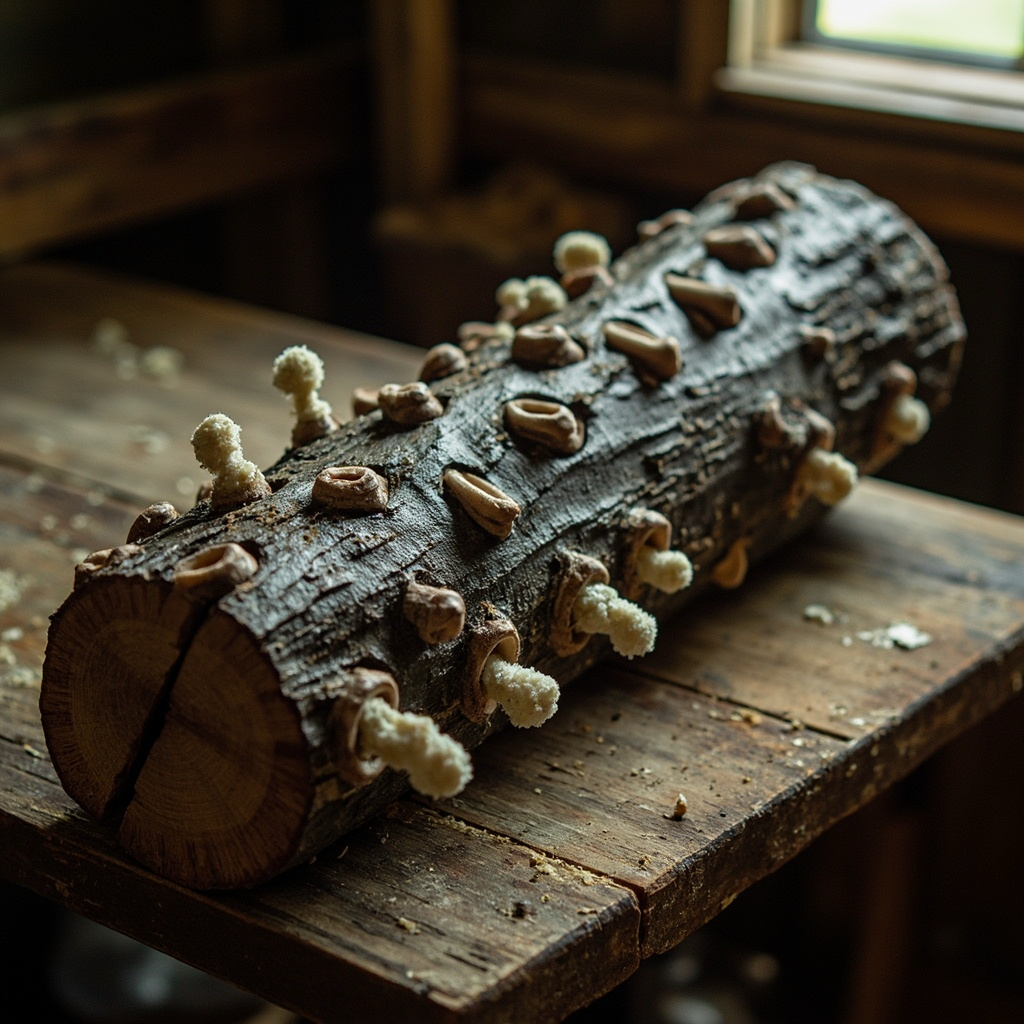 Hardwood log drilled with rows of holes receiving maitake plug spawn on a workbench