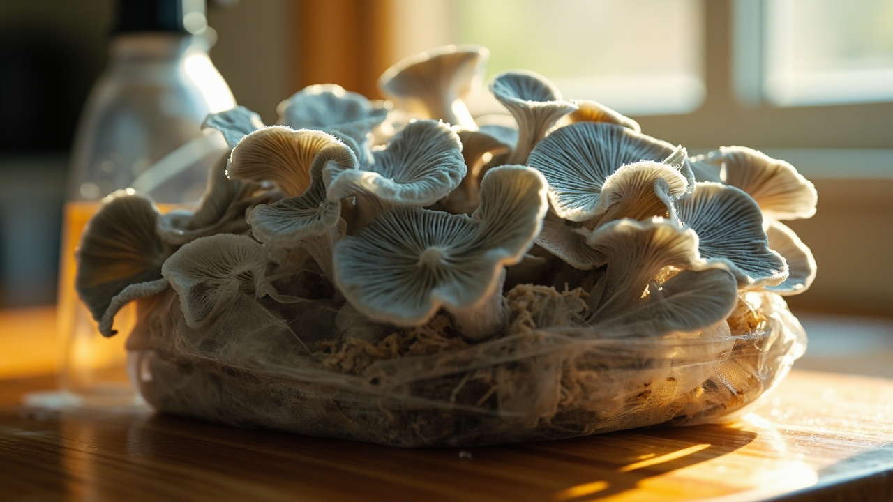 Cluster of grey oyster mushrooms with fan-shaped caps