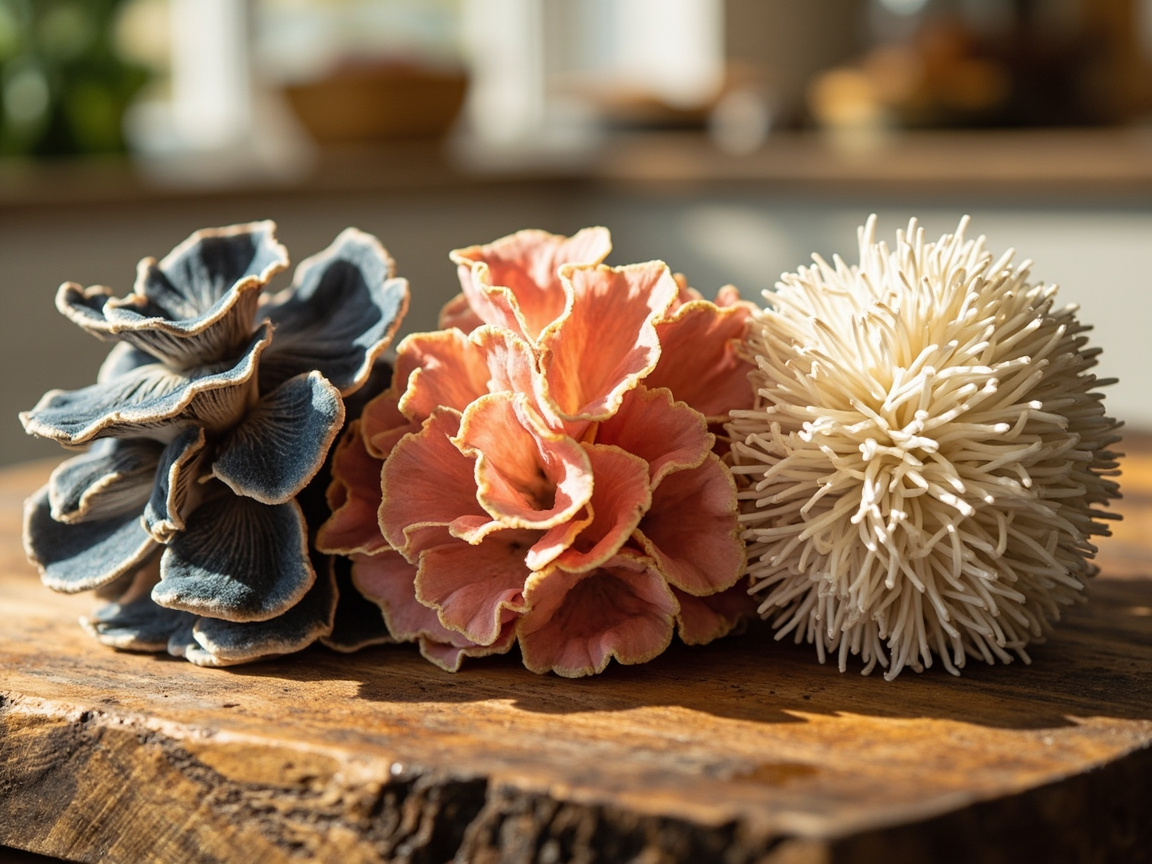 Comparison photo of blue oyster pink oyster and lion's mane mushroom clusters side by side on a wooden cutting board