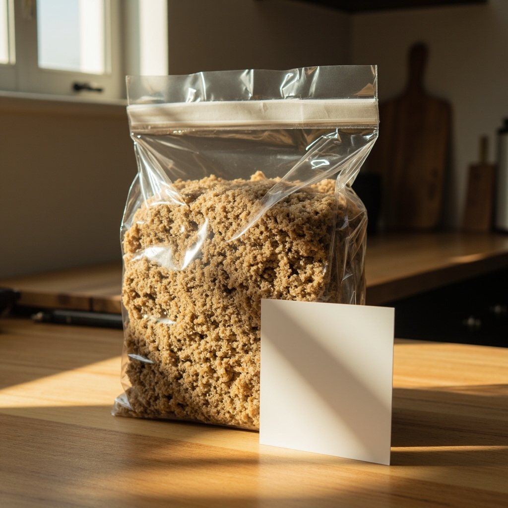 A sealed pioppino grow block sitting on a kitchen counter next to its printed instruction card