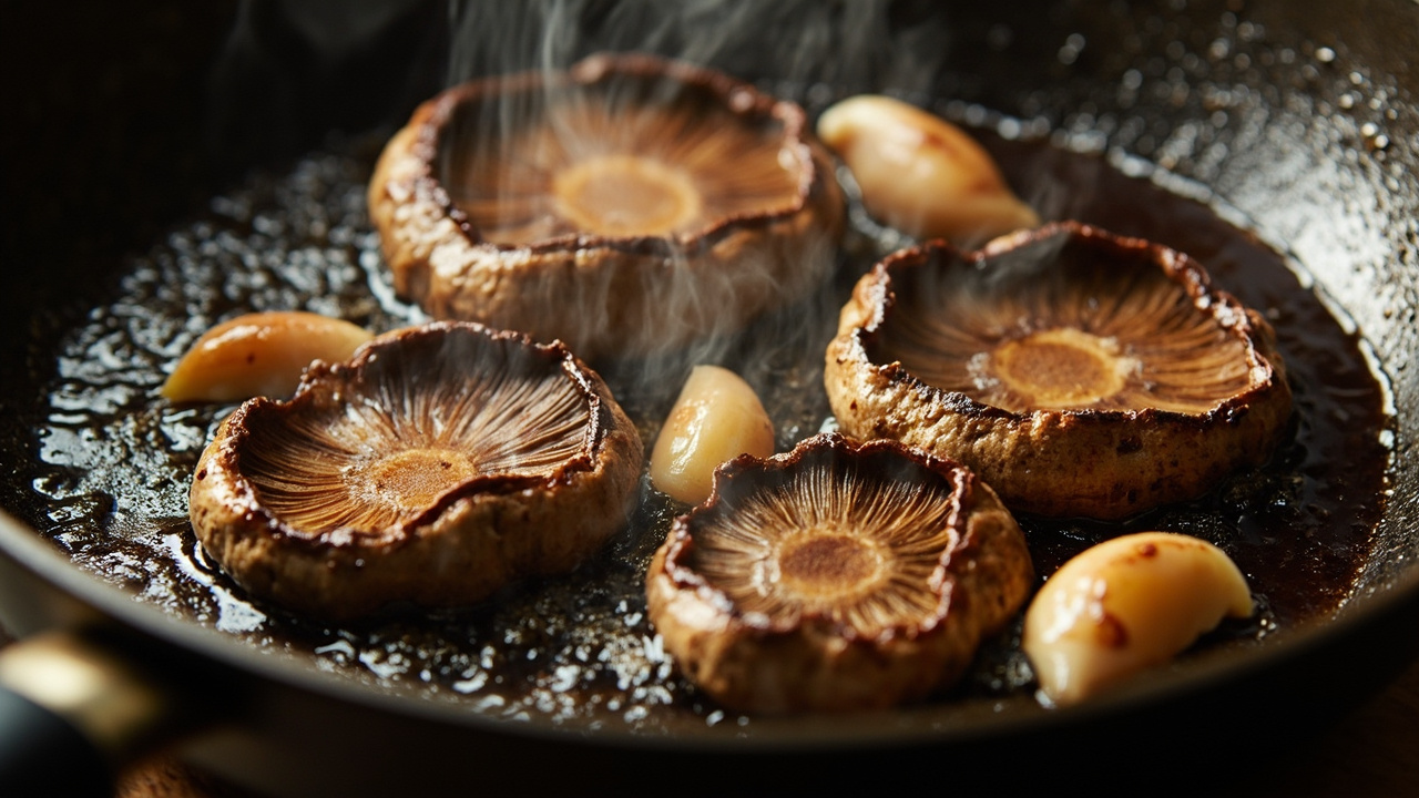 Fresh shiitake caps browning in a dry cast-iron skillet with garlic and soy glaze
