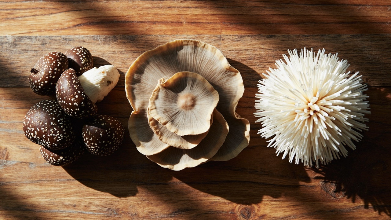 Three mushroom species side by side shiitake oyster and lion's mane caps on a cutting board