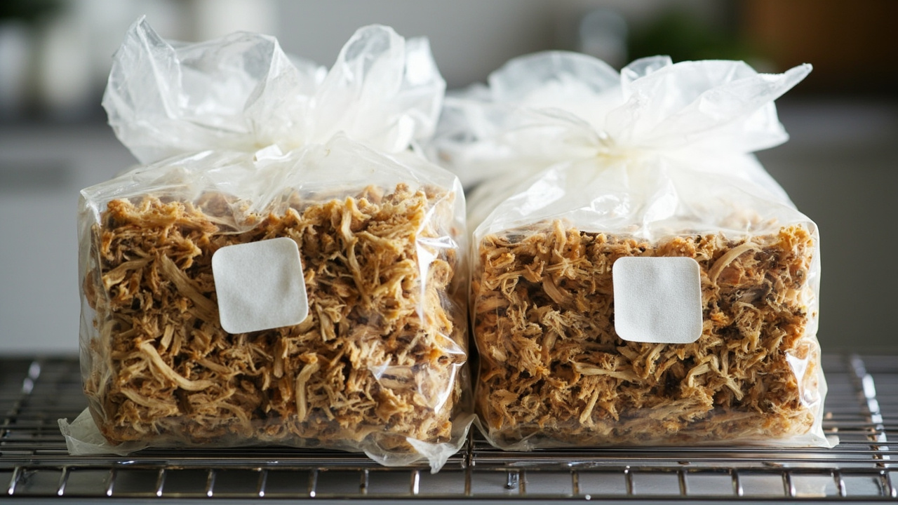 Two sealed shiitake grow bags resting on a kitchen shelf next to their printed instruction cards