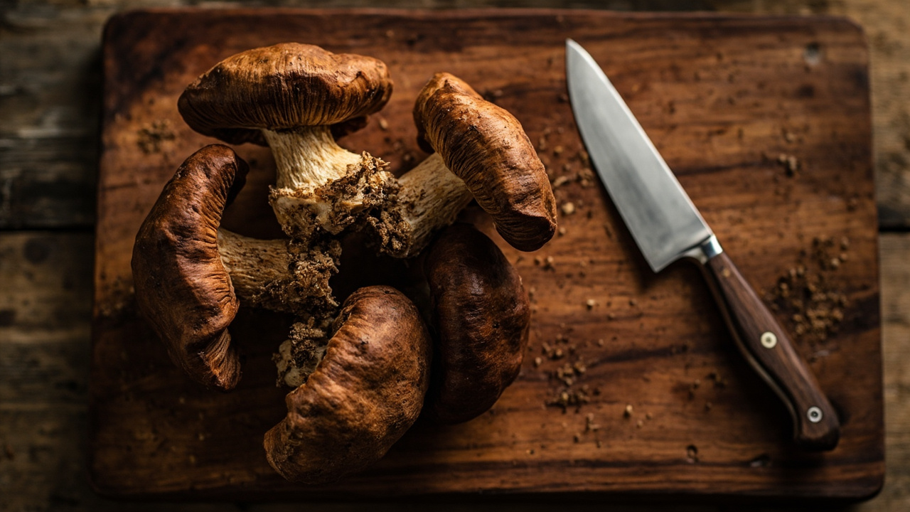 Freshly harvested brown shiitake mushrooms with thick caps and fibrous stems on a wooden cutting board beside a kitchen knife
