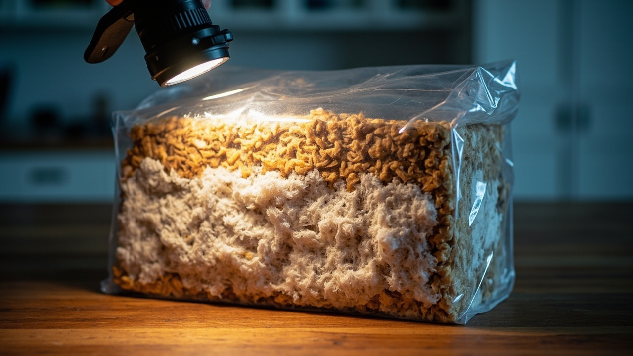 A grower inspecting a sealed shiitake block under bright kitchen light checking for colored patches