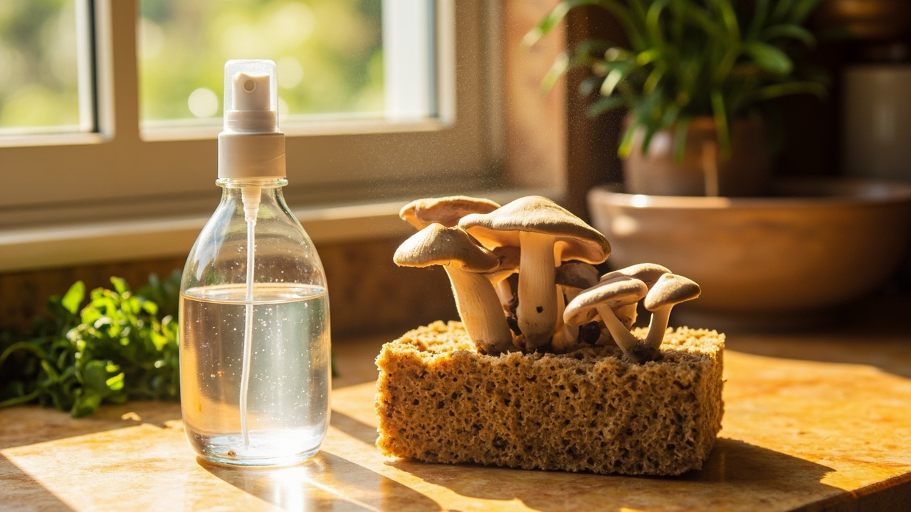 A fine-mist spray bottle misting the cut face of a shiitake grow block through the bag opening
